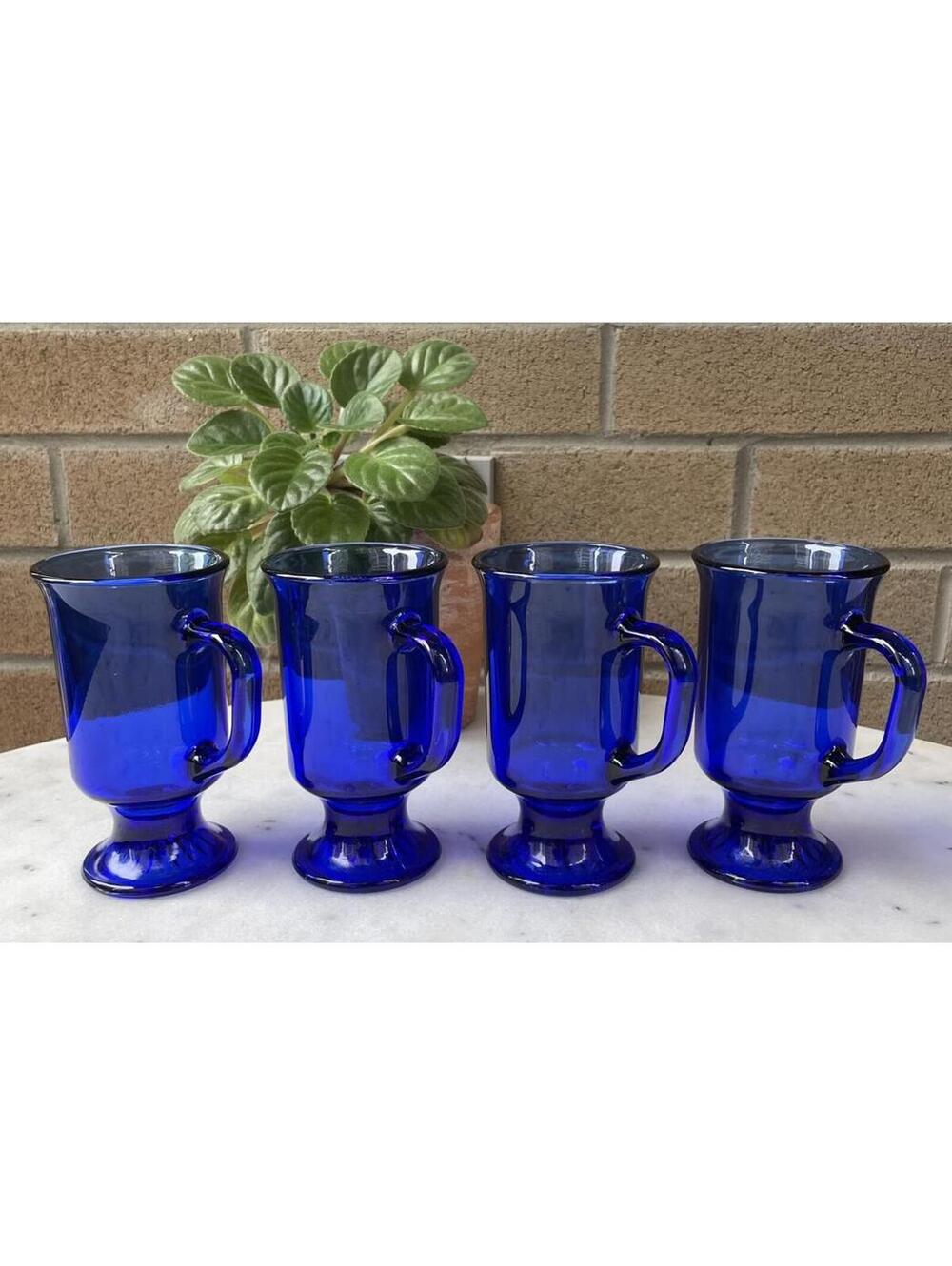 Vintage Anchor Hocking Cobalt Blue Footed Irish Coffee Mugs Set of 4 1980s